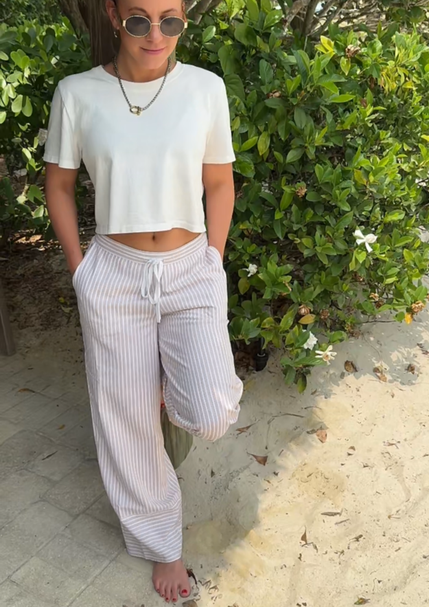 women's tan and white striped linen pants 